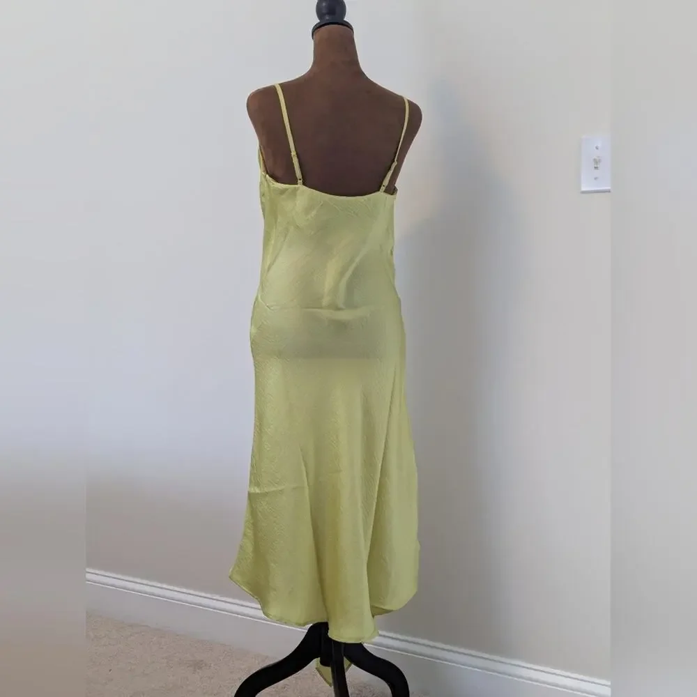 NWT Steve Madden Luxe Satin Asymmetric Hem Drapey Green Yellow Slip Dress, Sz XS - Picture 3 of 7